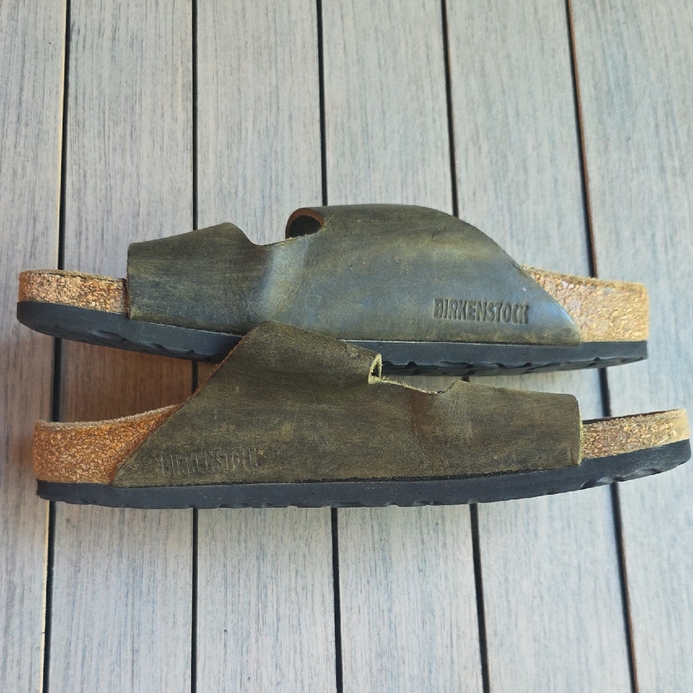 Birkenstock Olive Leather Slide Sandals - Picture 3 of 6